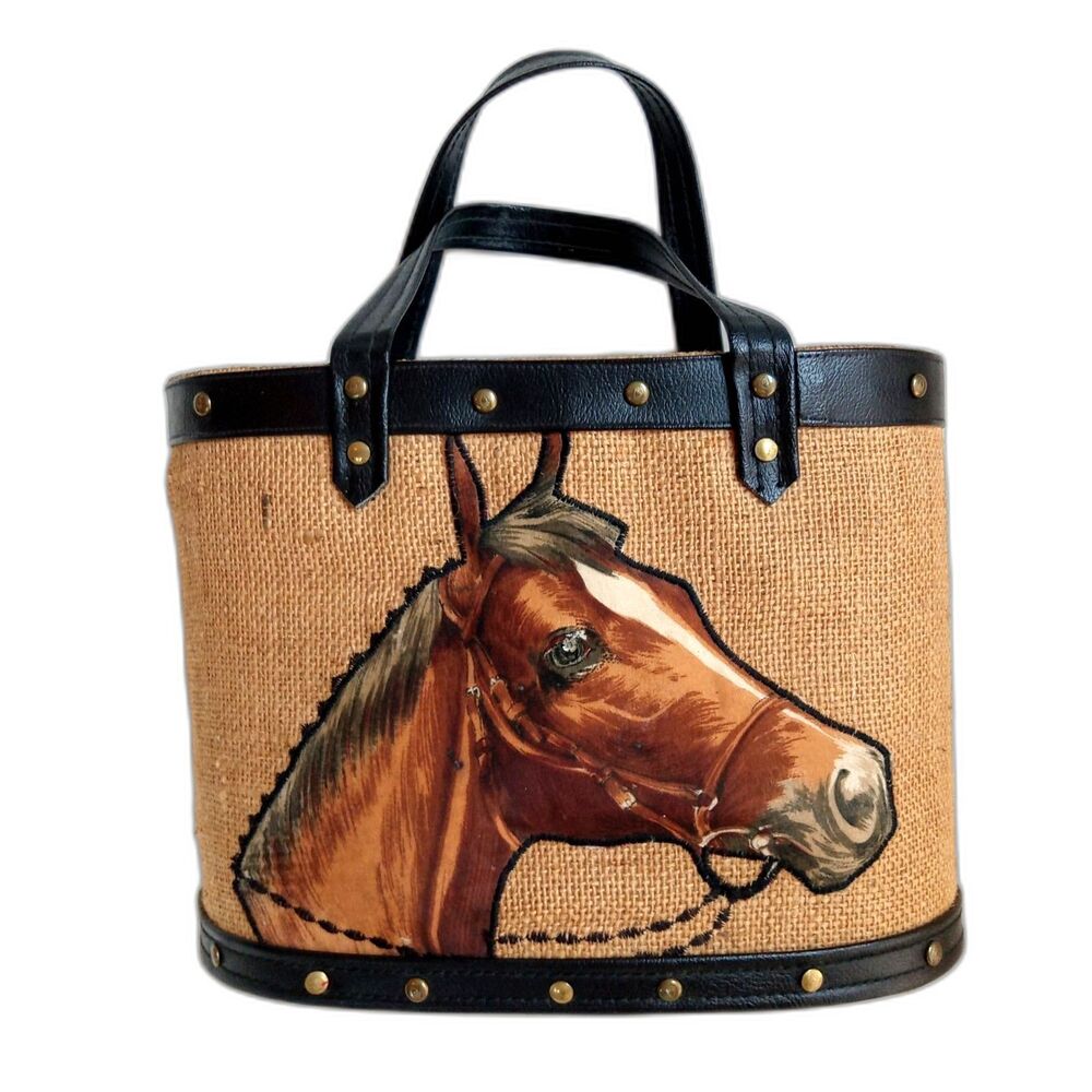 Vintage Horse Equestrian Bucket Purse Burlap